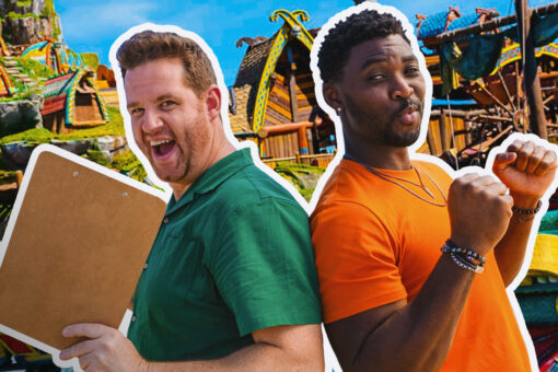 The Ride Guys pose in front of Hiccup's Wing Gliders