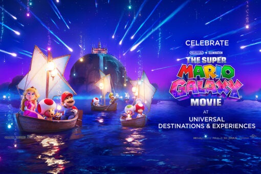 A promotional graphic for the Super Mario Galaxy movie featuring Mario, Princess Peach, Toad, and more