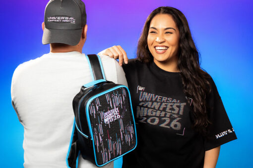 A hat, backpack and t-shirt themed for Universal Fan Fest Nights 2026.