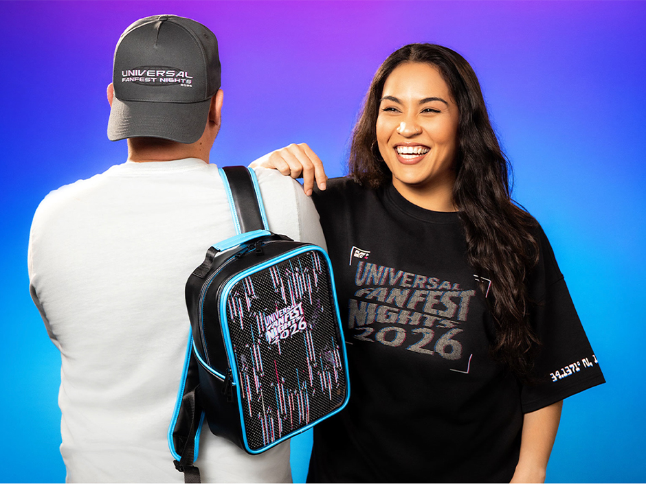 A hat, backpack and t-shirt themed for Universal Fan Fest Nights 2026.