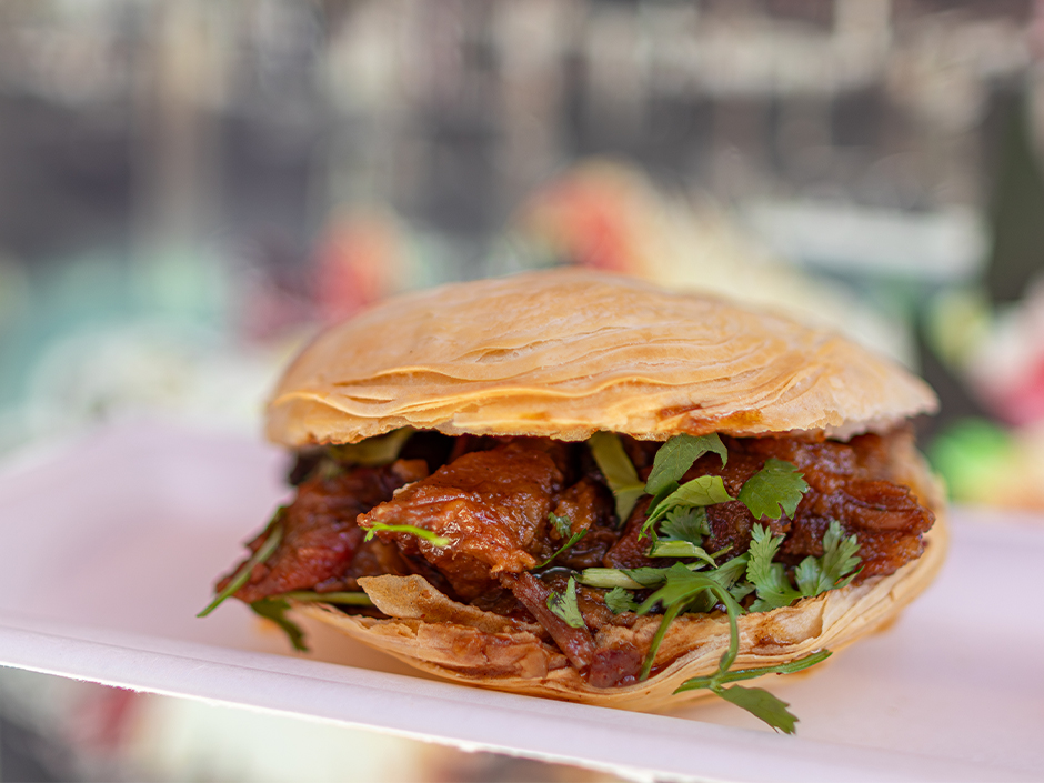 Plate of the Roujiamo at the San Fran Street Cart for AANHPI Heritage Month at Universal Orlando Resort.