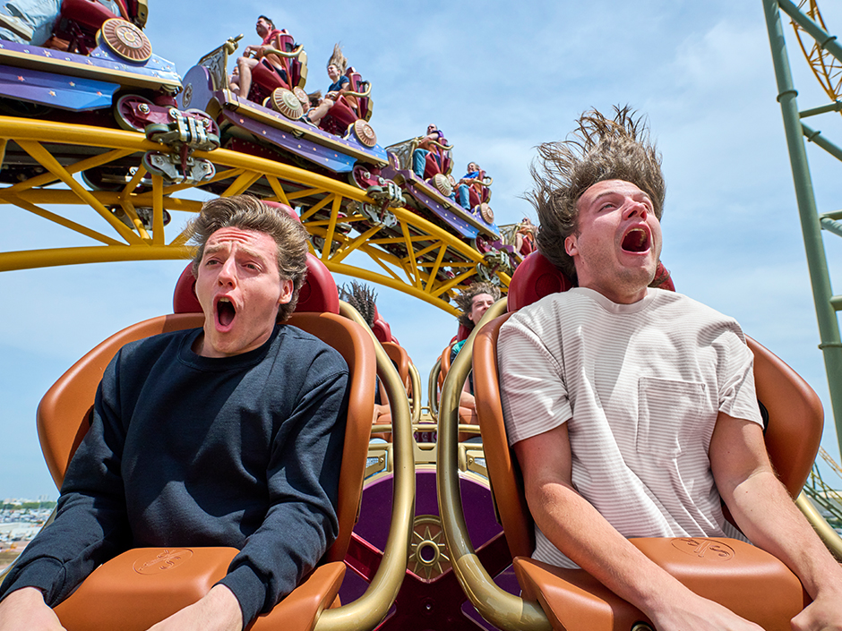 Two guests riding Stardust Racers at Universal Epic Universe