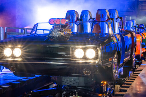 Black charger ride vehicle for Fast and Furious Hollywood Drift rollercoaster