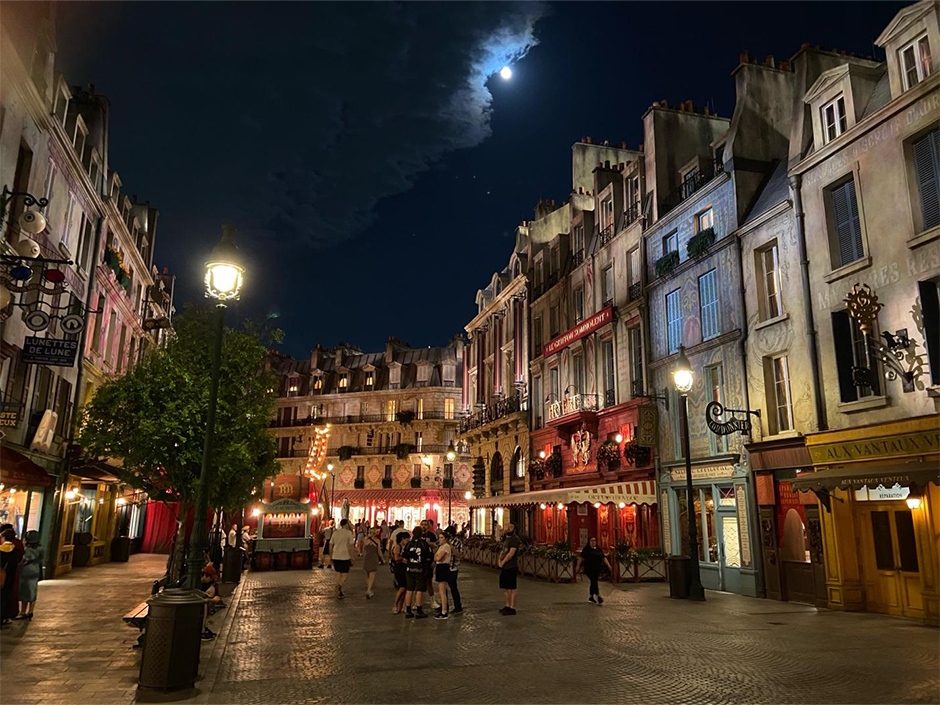 Ministry of Magic at Epic Universe at night