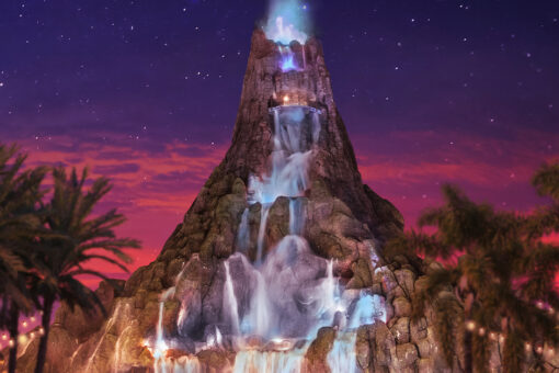 The Volcano at nighttime at the Volcano Bay Nights event.