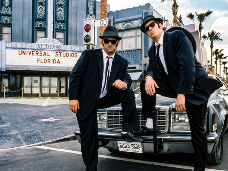 The Blues Brothers pose in front of the Pantages in Universal Studios Florida