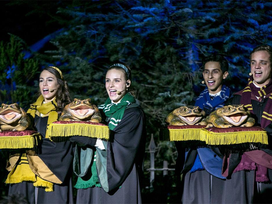 Hogwarts students perform with frogs in Hogsmeade at Universal Islands of Adventure