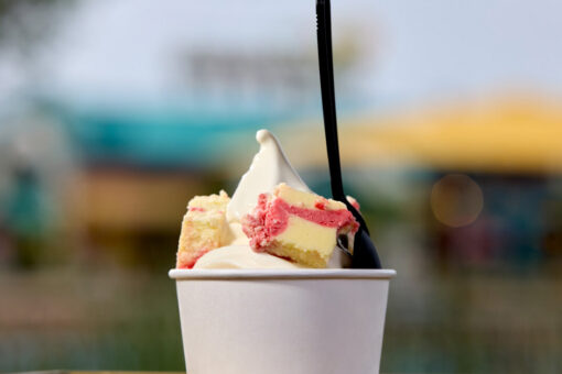 A photo of Frosty Moon ice cream with cheesecake topping.