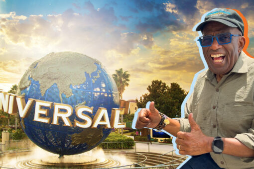 Al Roker poses in front of the Universal Orlando Resort globe