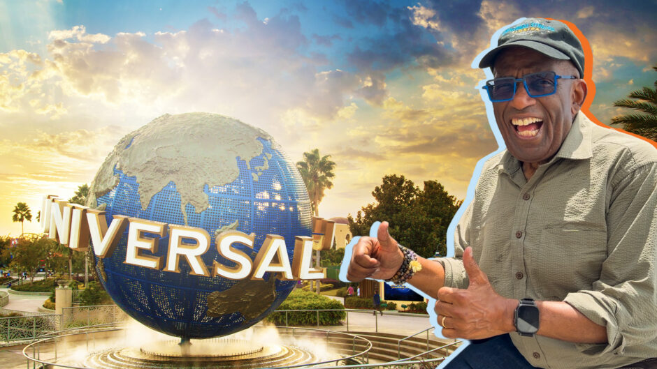 Al Roker poses in front of the Universal Orlando Resort globe