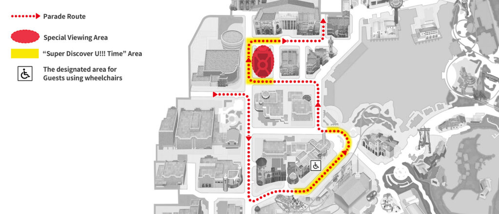 Route for the No Limit! Parade: DiscoverU!!! version at Universal Studios Japan.