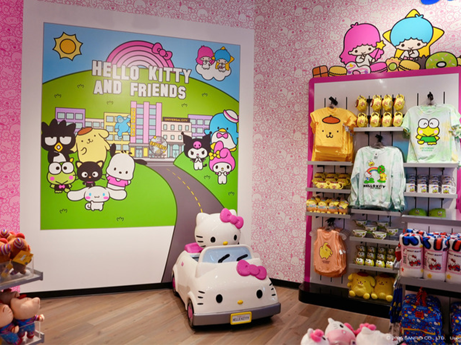 Inside of the San Rio Smile Shop and Hello Kitty and Friends Mural