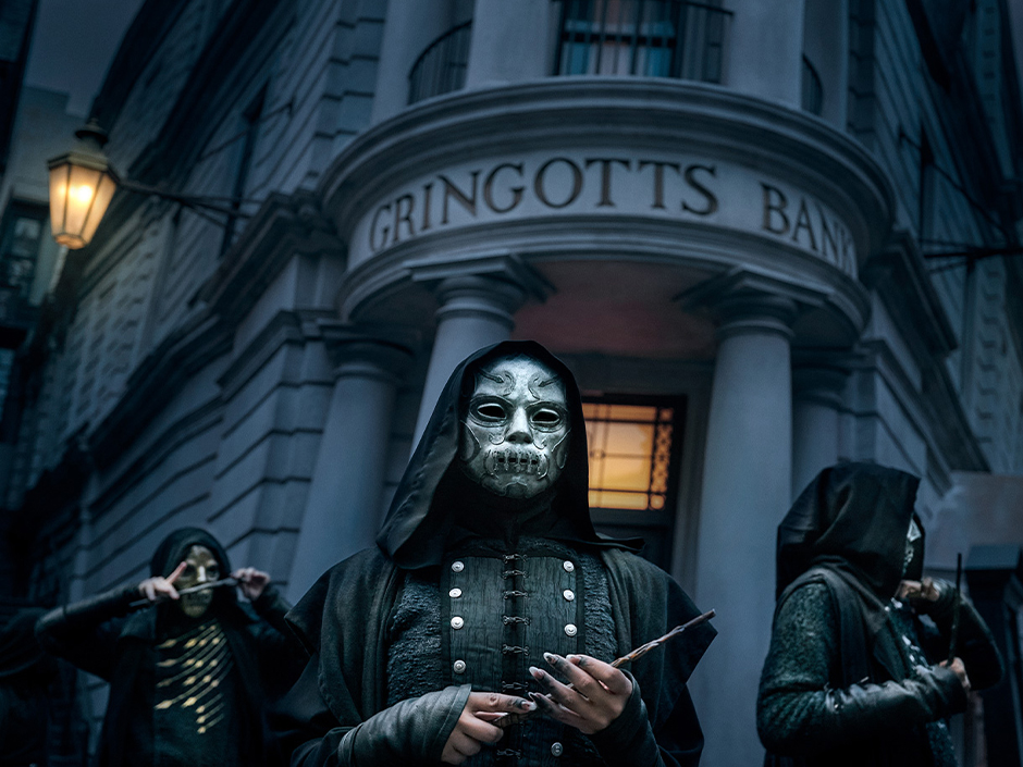 Death Eaters pose in front of Gringotts Bank in The Wizarding World of Harry Potter - Diagon Alley