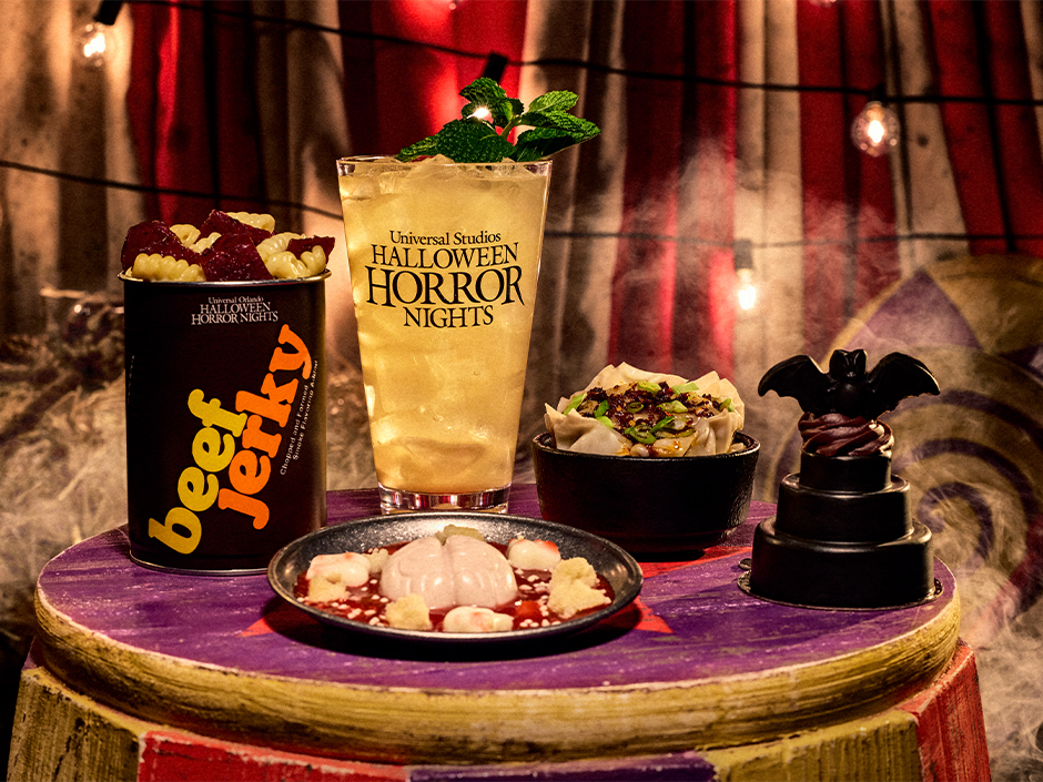 Popular items at this year's Halloween Horror Nights, including Annie’s Juke Joint Catfish & Grits, El’s Battery Jerky, the Pleasure & Pain Brain, The Prince of Darkness Cake, and Lasagna Burn.