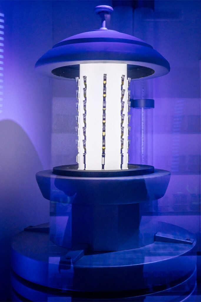 A fixture holds multiple vials of dinosaurs DNA inside Jurassic World: Escape at Universal's Great Movie Escape