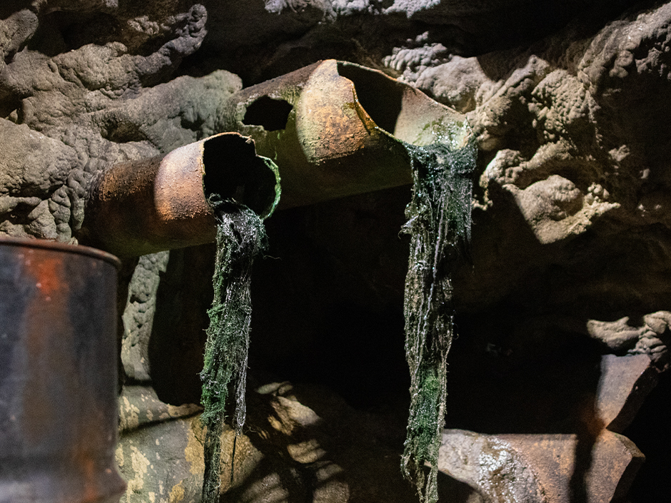 "Black rain" dripping from the pipes inside the Ozzy Osbourne: Prince of Darkness haunted house at Halloween Horror Nights