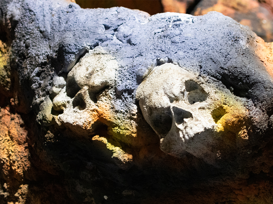 Skulls in the rock work inside Ozzy Osbourne: Prince of Darkness at Halloween Horror Nights
