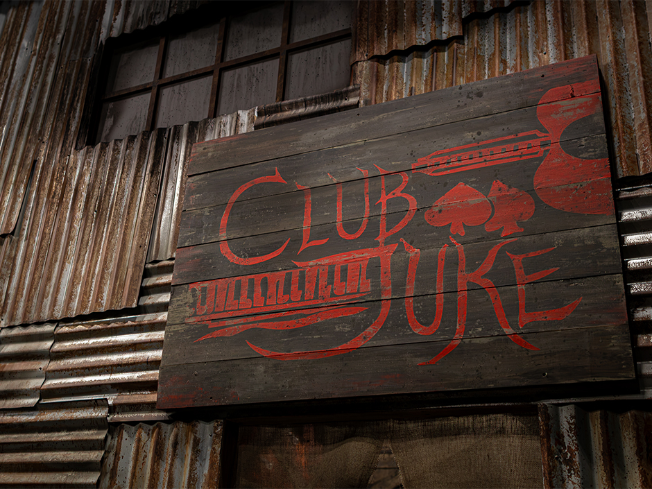 Exterior close-up of the Club Juke sign at the Sinners haunted house at Halloween Horror Nights at Universal Orlando Resort.