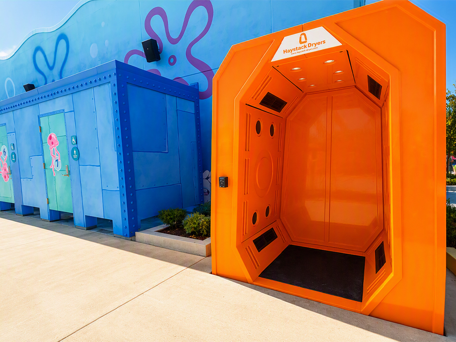 A colorful orange walk-in dryer at Universal Kids Resort.