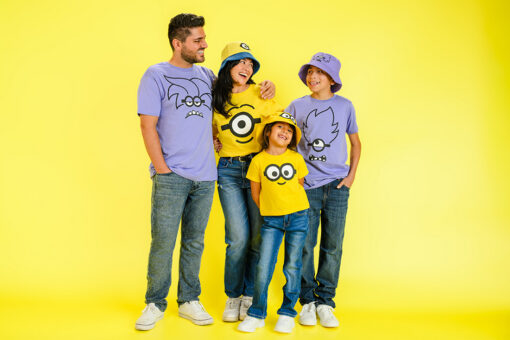 A family wearing Minions merchandise