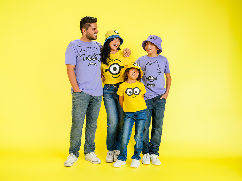 A family wearing Minions merchandise