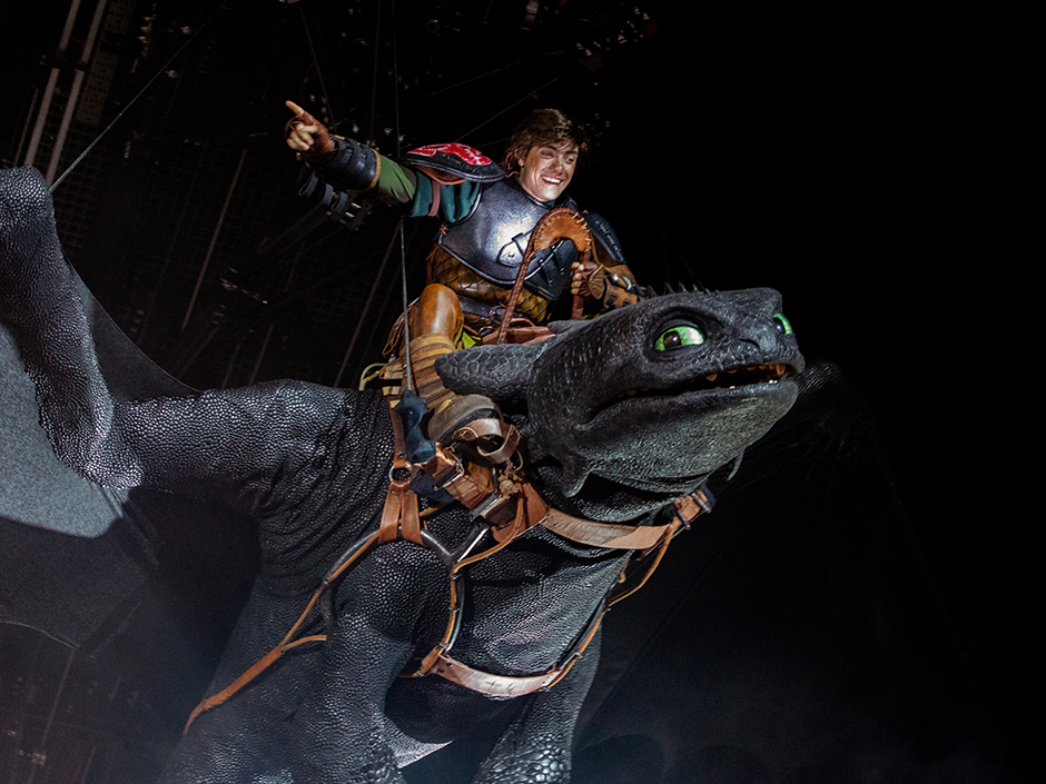 Hiccup and Toothless soar above the crowd in the Untrainable Dragon show