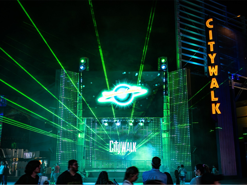 Guests enjoy a show at 5 Towers Stage at Universal CityWalk Hollywood.