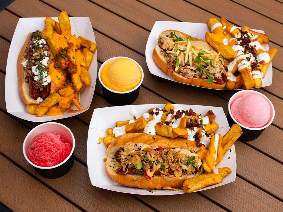 Three hot dogs available from Fat One's at Universal CityWalk