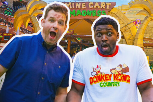 Dylan and Mike pose in front of the entrance to Mine-Cart Madness in SUPER NINTENDO WORLD