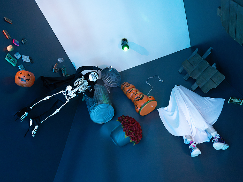Fake trick-or-treaters float in the air inside Dead Coconut Club